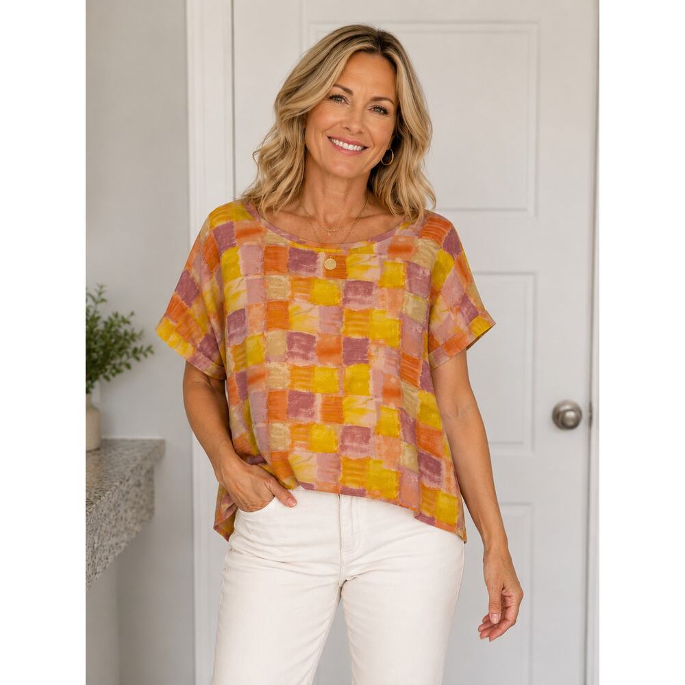 Abstract Watercolor Tunic Top Pink Orange Yellow Boho M/L